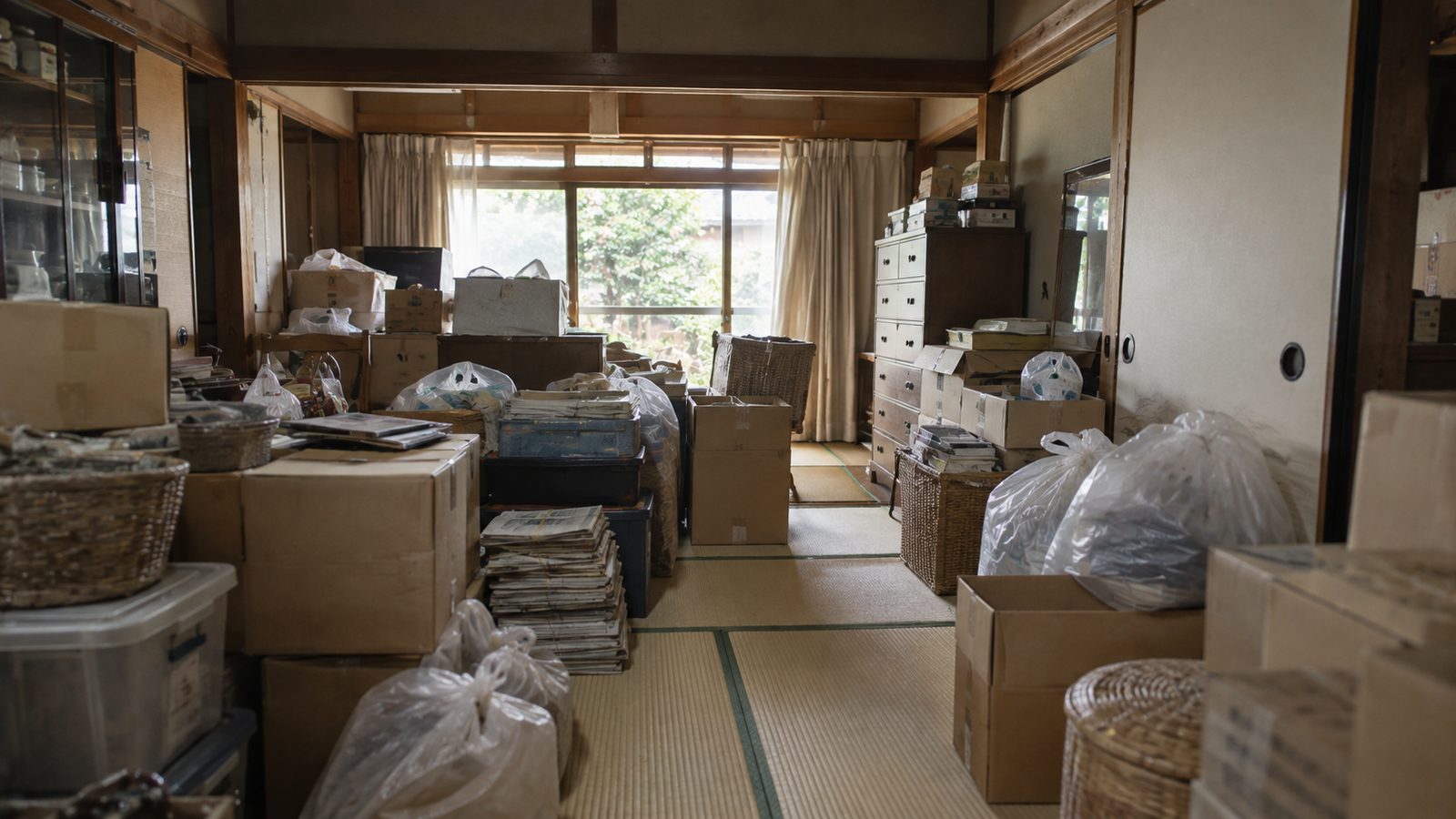 物が積み上がった実家の室内
