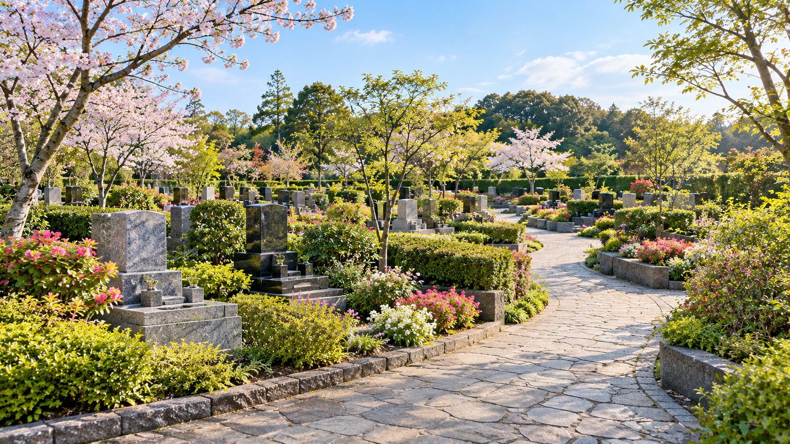 花と低木で区画された庭園型の霊園