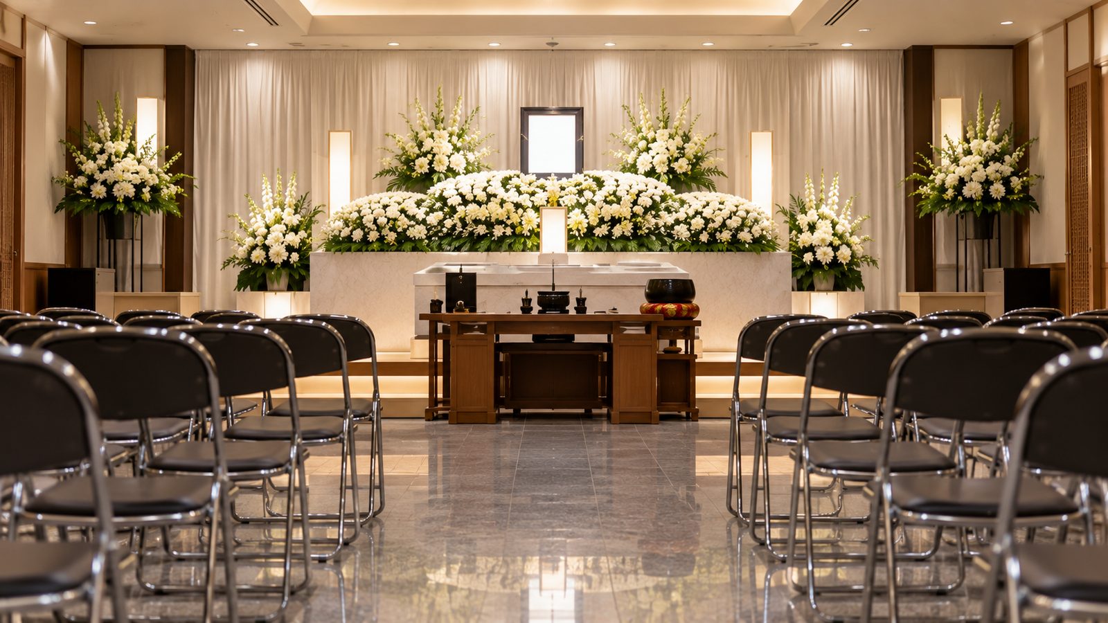 式が始まる前の葬儀式場の祭壇と椅子