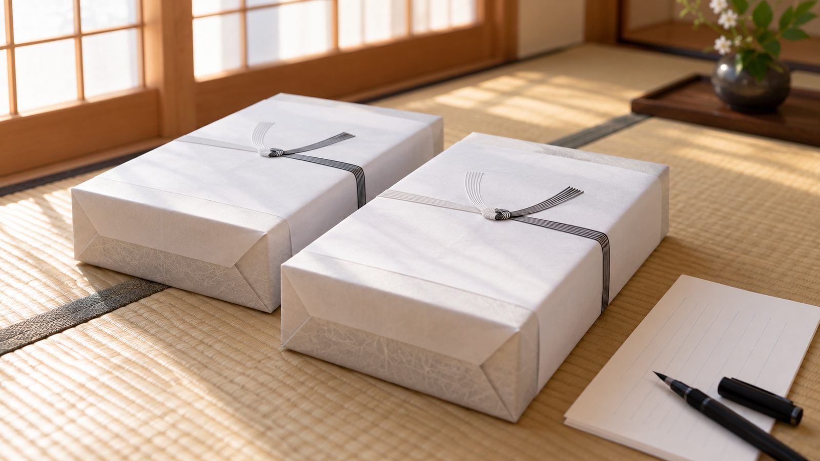 掛け紙のかかった香典返しの品と筆ペン