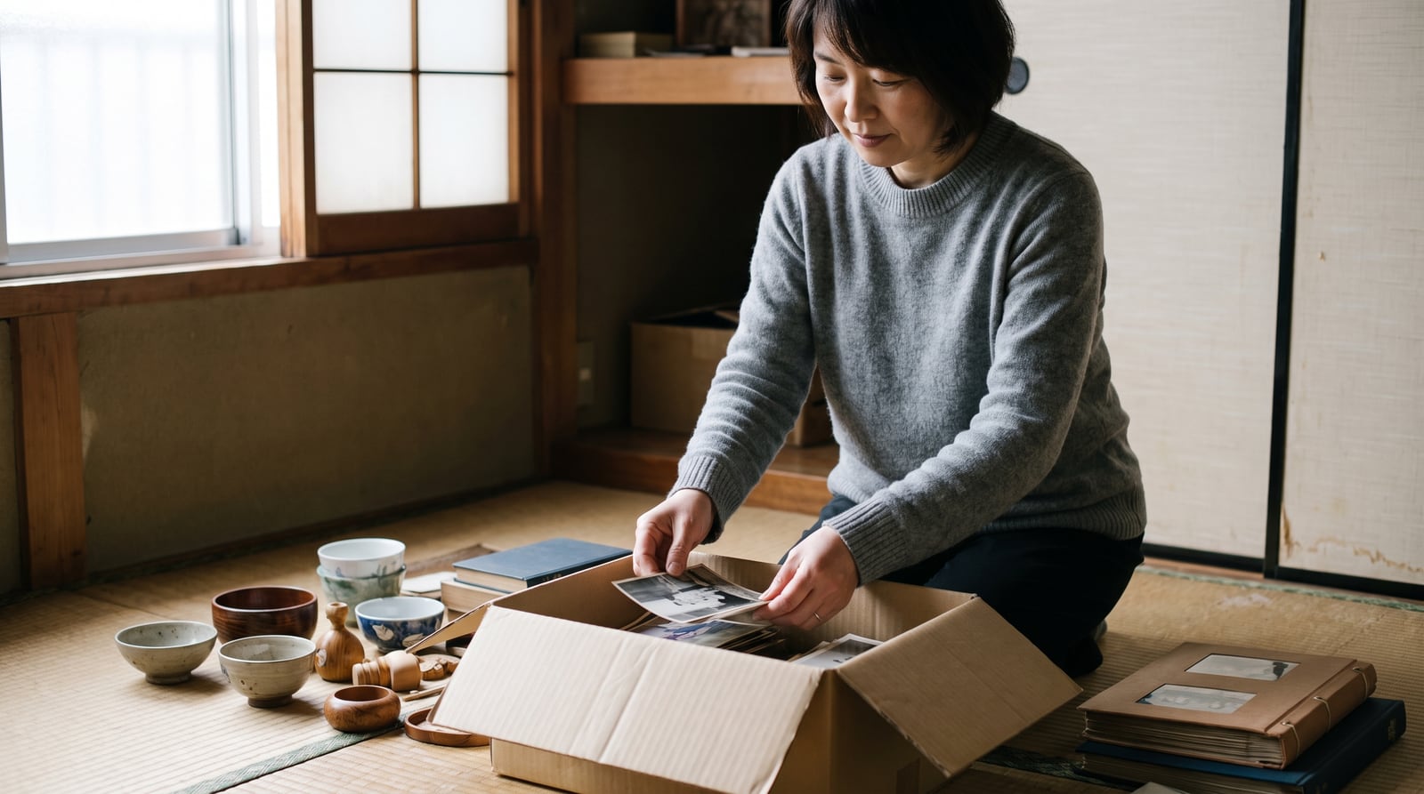 実家の遺品整理で家財を仕分けする様子