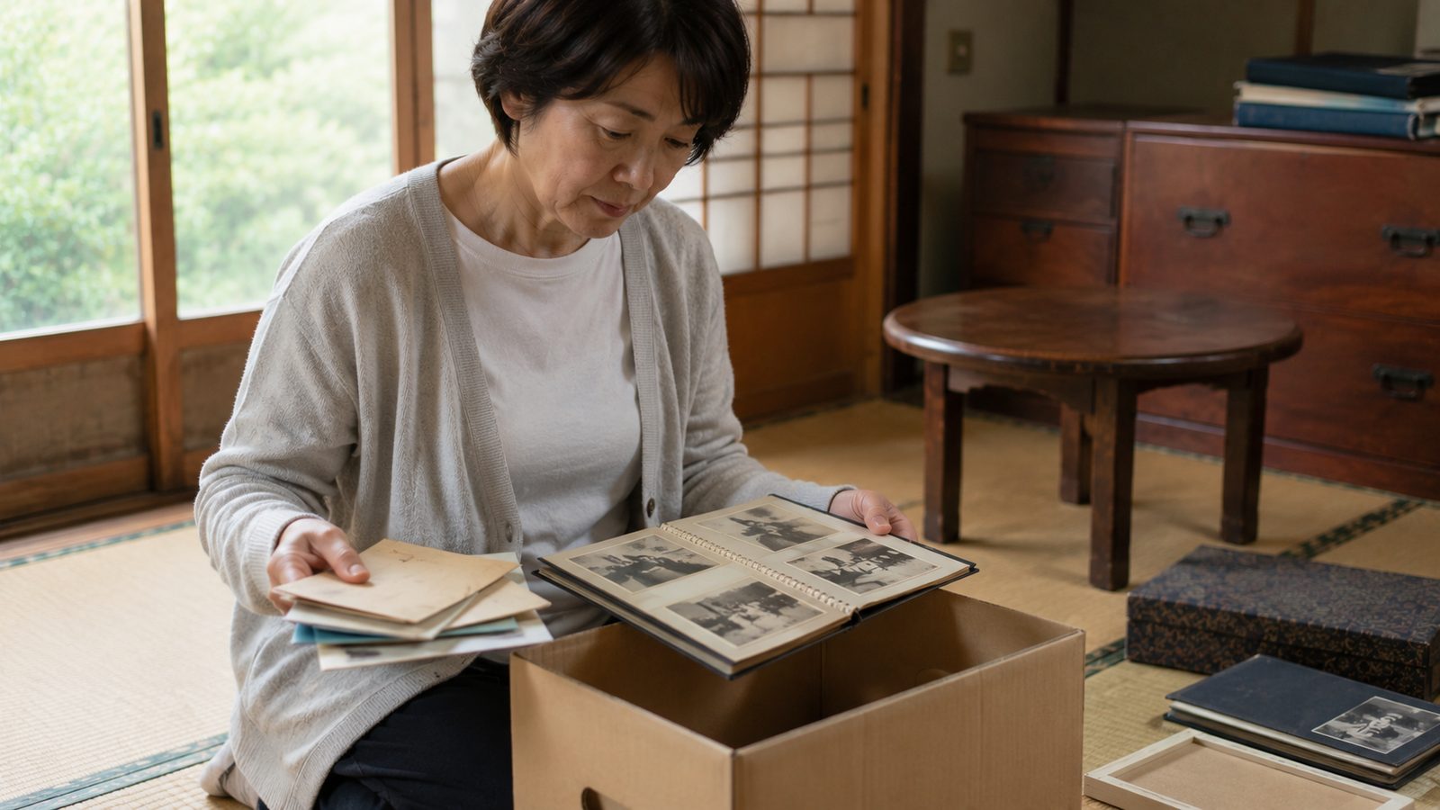 遺品の写真やアルバムを仕分けする様子