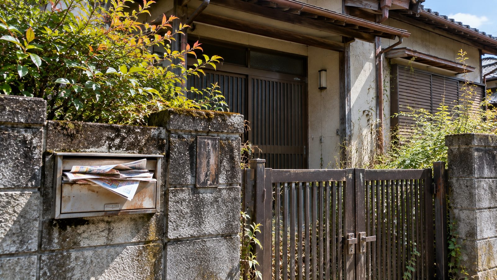 引き取り業者のチラシが入った空き家の玄関
