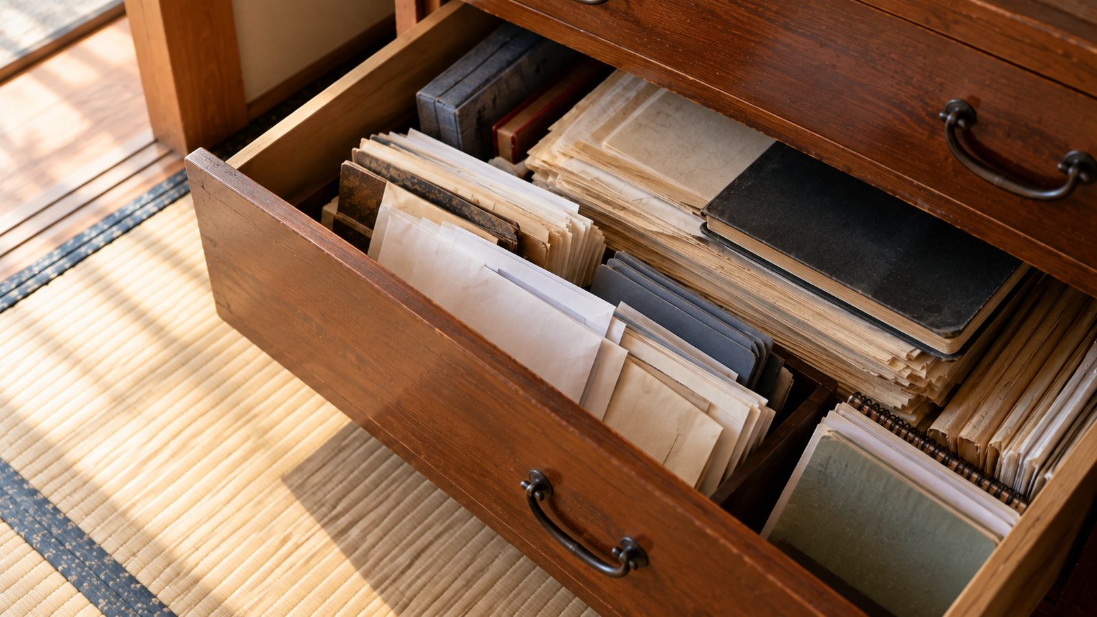 実家で書類を確かめる様子