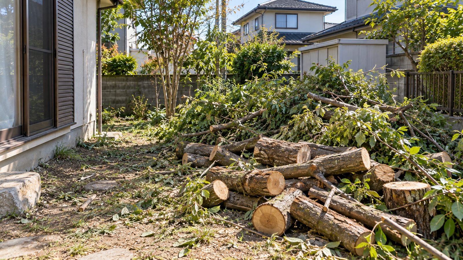 伐採して切り分けられた庭木
