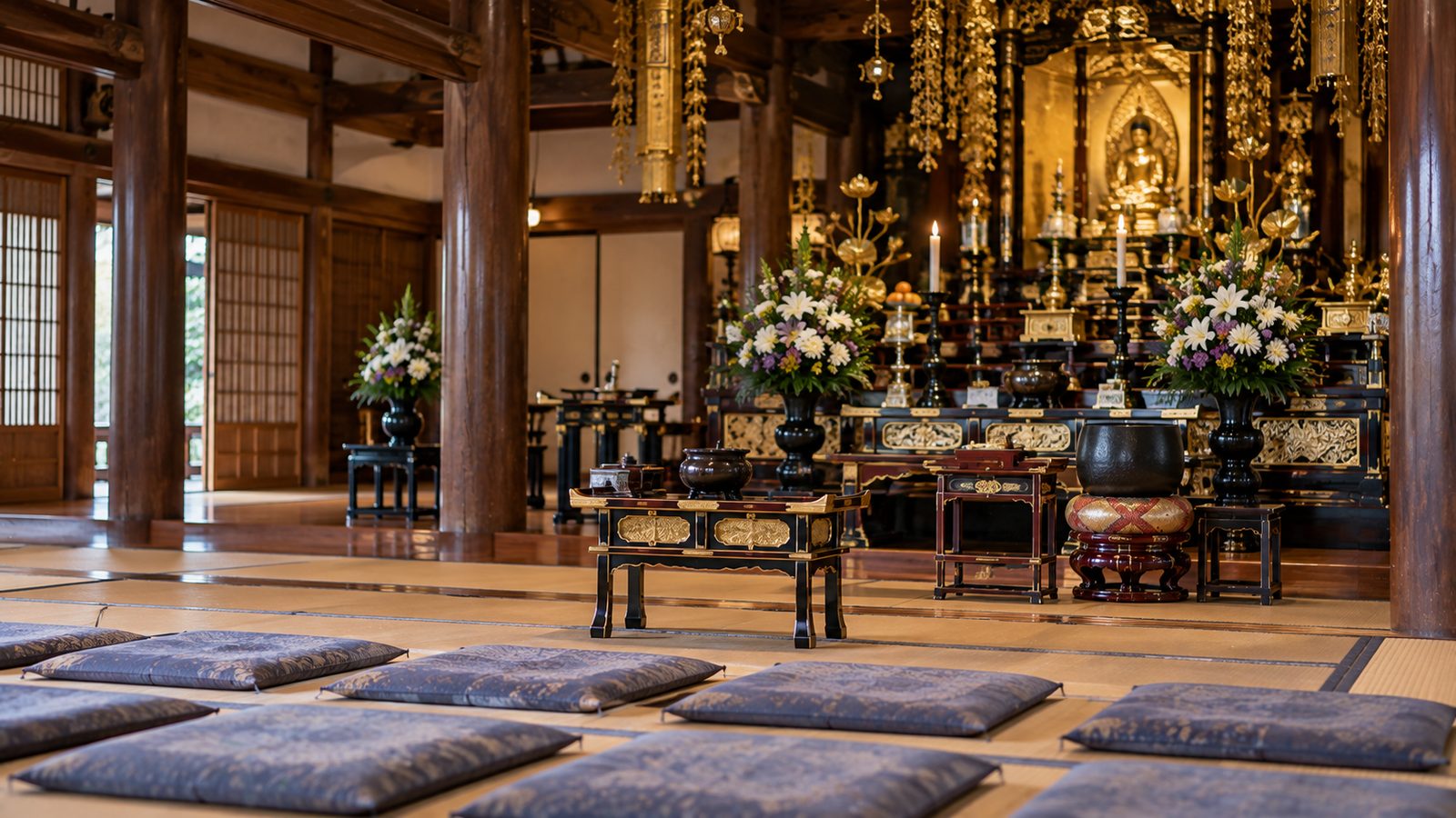 法要の準備が整った寺の本堂